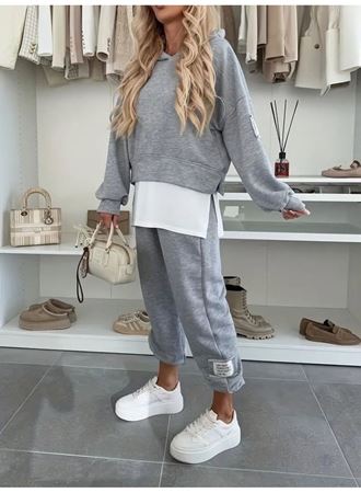 Kadın Uzun Kollu Kapşonlu Viskon Iki Iplik Bluz Ve Pantolon Ikili Takım