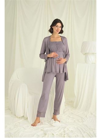Dantelli Önü Düğmeli Hamile Lohusa 3'lü Pijama Takımı