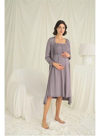 Dantelli Önü Düğmeli Hamile Lohusa Sabahlık Takımı