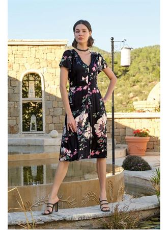 Çiçek ve Yaprak Desenli Önü Düğmeli Elbise