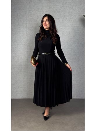 Kadın Uzun Kollu Balıkçı Yaka Kemersiz Pileli Uzun Sandy Elbise