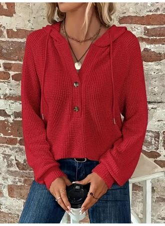 Kadın Uzun Kollu Kapşonlu önü Düğmeli Ve Bağcıklı Waffle Bluz