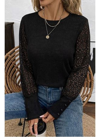 Kadın Uzun Kollu Bisiklet Yaka Kolları Tüllü Waffle Bluz