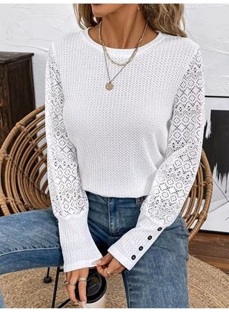 Kadın Uzun Kollu Bisiklet Yaka Kolları Tüllü Waffle Bluz