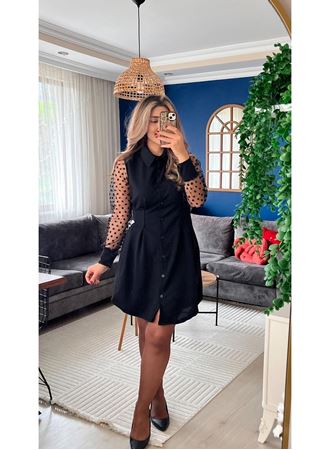 Kadın Uzun Kollu Yakalı Düğmeli Mini Ithal Krep Elbise