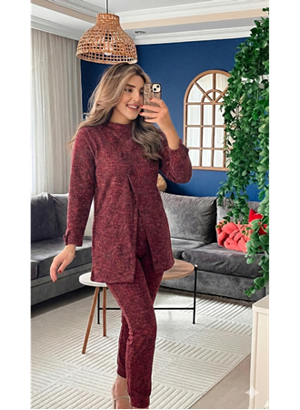 Kadın Uzun Kollu Balıkçı Yaka önden Düğmeli Bluz Ve Pantolon Yumoş Ikili Takım