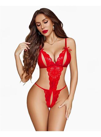 Özel Bölgesi Açık Göğüs Detaylı Kırmızı Fantezi Body