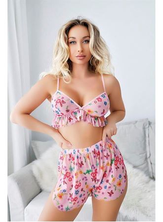 Pembe Desenli Fantezi Tül Şortlu Sütyen Takımı