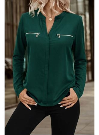 Kadın Uzun Kollu V Hakim Yaka Fermuar Detaylı Viskon Bluz