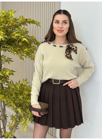 Kadın Leopar Desen Flar Detay Bisiklet Yaka Triko Kazak