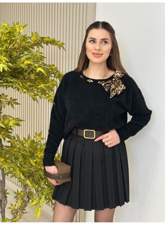 Kadın Leopar Desen Flar Detay Bisiklet Yaka Triko Kazak