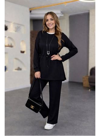 Kadın Uzun Kollu Bisiklet Yaka Belden Büzgülü Bağcıklı Viskon Iki Iplik Bluz Ve Pantolon Ikili Takım