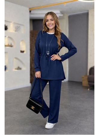 Kadın Uzun Kollu Bisiklet Yaka Belden Büzgülü Bağcıklı Viskon Iki Iplik Bluz Ve Pantolon Ikili Takım