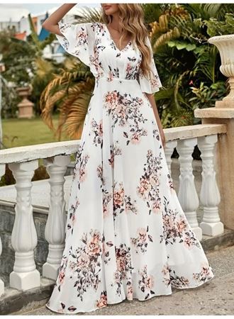 Kadın Kısa Kollu V Yakalı çiçek Desenli Süprem Elbise