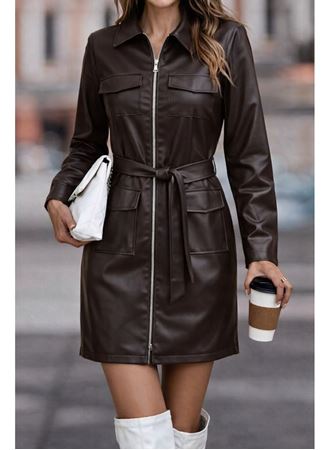 Kadın Uzun Kollu Yakalı Cepli önü Fermuarlı Koyu Kahve Mini Deri Elbise