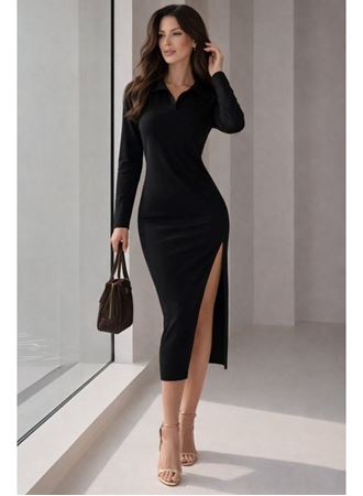 Kadın Uzun Kollu Yakalı Yandan Yırtmaçlı Midi Modal Elbise
