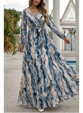 Kadın Uzun Kollu Kruvaze Yakalı Beli Kuşaklı Desenli Süprem Maxi Elbise