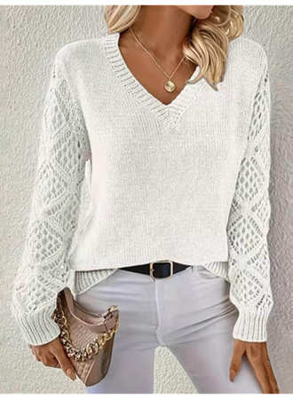 Kadın Uzun Kollu V Yaka Kol Delikli Baklava Desen Detaylı Triko Kazak