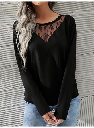 Kadın Uzun Kollu Geniş Yuvarlak Yaka Dantelli Viskon Iki Iplik Bluz
