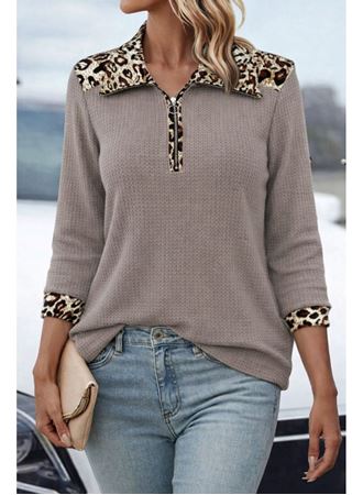 Kadın Uzun Kollu Leopar Yakalı Fermuarlı Waffle Bluz