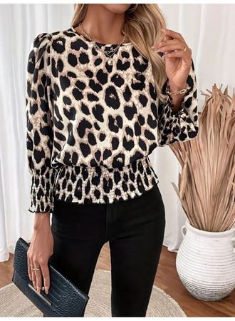 Kadın Uzun Kollu Bisiklet Yaka Leopar Desenli Modal Bluz