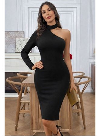 Kadın Tek Omuzdan Açık Uzun Kollu Balıkçı Yaka Midi Ithal Krep Elbise