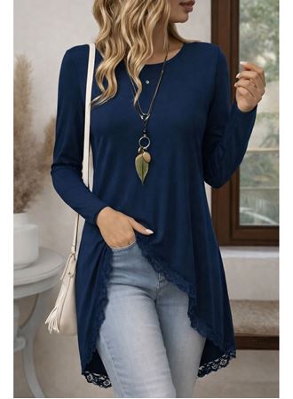 Kadın Uzun Kollu Bisiklet Yaka Asimetrik Kesim Detaylı Dantelli Viskon Bluz