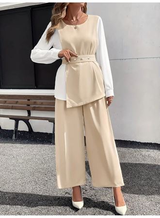 Kadın Uzun Kollu Açık Yakalı çift Renkli Kemerli Ithal Krep Ikili Takım