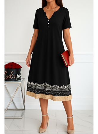 Kadın Kısa Kollu V Yakalı Etek Ucu Desenli Viskon Elbise