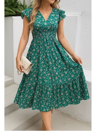 Kadın Kısa Kollu Kruvaze Yaka Beli Lastikli çiçek Desenli Elbise