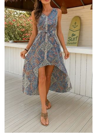 Kadın Kolsuz V Yakalı Desenli Süprem Tulum Elbise