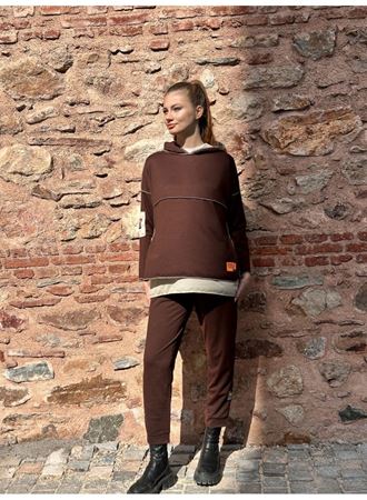 Kadın Kahve Kapşonlu Etek Ucu Detay Arma Ters Dikiş Gorunumlu Ikili Takım