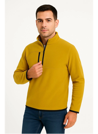 Erkek Polar Kazak – Dik Yaka, Yarım Fermuarlı, Fermuarlı Göğüs Cepli, Siyah Biyeli, Kışlık Rahat Regular Fit Günlük Model - Sarı