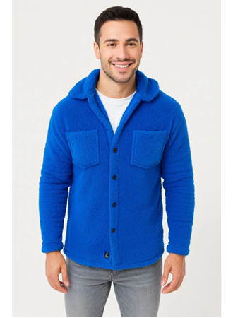 Erkek Pelüş Polar Hırka Gömlek – Yakalı, İlik Düğmeli, Göğüs Cepli, Yumuşak Dokulu Kışlık Regular Fit Rahat Günlük Model - Saks Mavisi