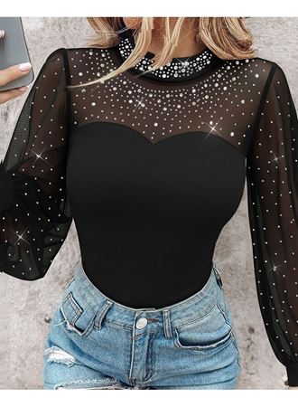 Kadın Uzun Kollu Yarı Balıkçı Yaka Taşlı Sandy Bluz