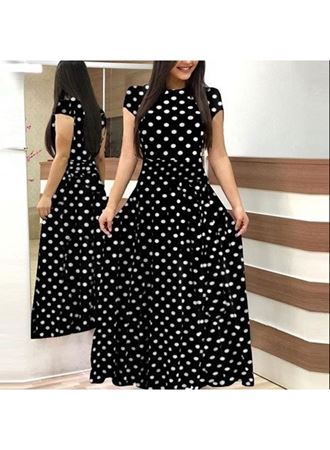 Kadın Kısa Kollu Bisiklet Yaka Puantiyeli Maksi örme Krep Elbise