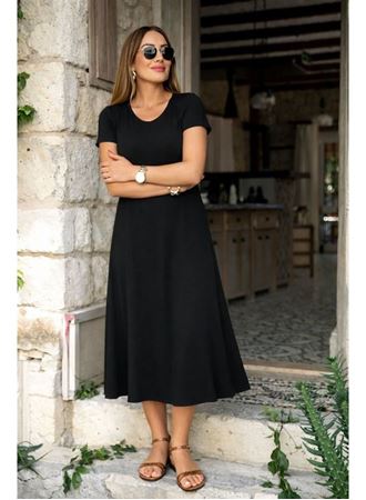 Kadın Kısa Kollu V Yakalı Yırtmaçlı Midi Viskon Elbise