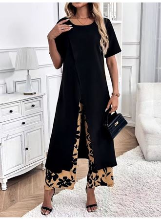 Kadın Kısa Kollu önden çapraz Detaylı Viskon Uzun Bluz Ve Desenli Iki Iplik Pantolon Ikili Takım