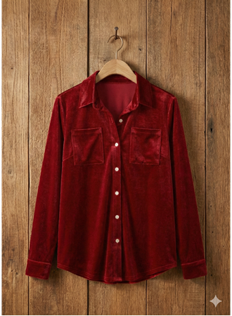 Kadın Uzun Kollu Yakalı önden Düğmeli Cep Detaylı Kadife Gömlek