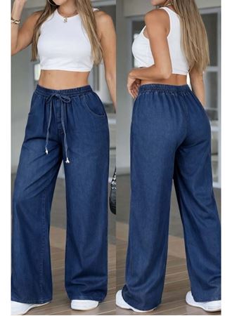 Kadın Yüksek Bel Lastikli Bağcıklı Kot Pantolon