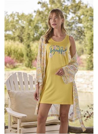 Çiçek ve Yaprak Desenli ve Baskılı "You Are Beautiful" Sabahlık Takımı