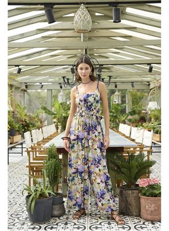 Çiçek ve Yaprak Desenli İp Askılı Tulum