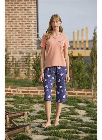 Deniz Yıldızı Desenli ve Baskılı Önü Düğmeli "Listen the Song of the Sea" Kapri Takımı