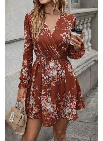 Kadın Uzun Kollu Kruvaze Yakalı çiçek Desenli Mini Süprem Elbise