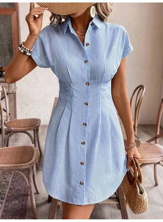 Kadın Kısa Kollu Yakalı önden Düğmeli Kısa Trikoton Elbise