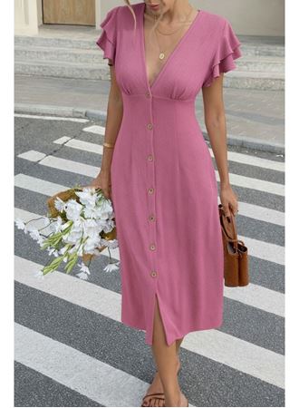 Kadın Kısa Kollu V Yakalı önden Düğmeli Bürümcük Midi Elbise