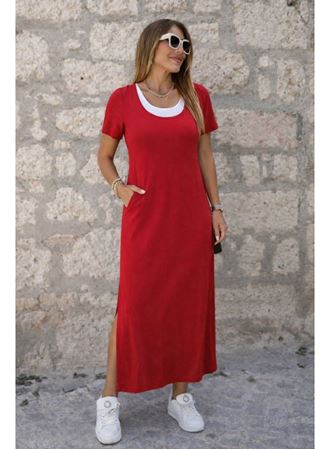 Kadın Kısa Kollu Içi Atlet Görünümlü Yandan Yırtmaçlı Uzun Viskon Elbise