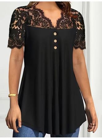 Kadın Kısa Kollu V Dantel Yakalı Düğmeli Viskon Bluz