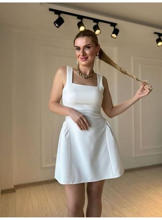 Kadın Omuz Askılı Kare Yaka Ithal Atlas Kumas Mini Elbise