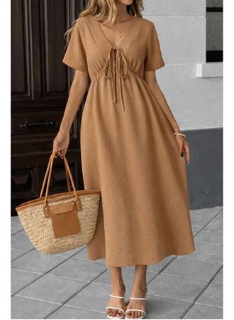 Kadın V Yaka Büzgülü Ip Detay Aerobin Kumaş Elbise